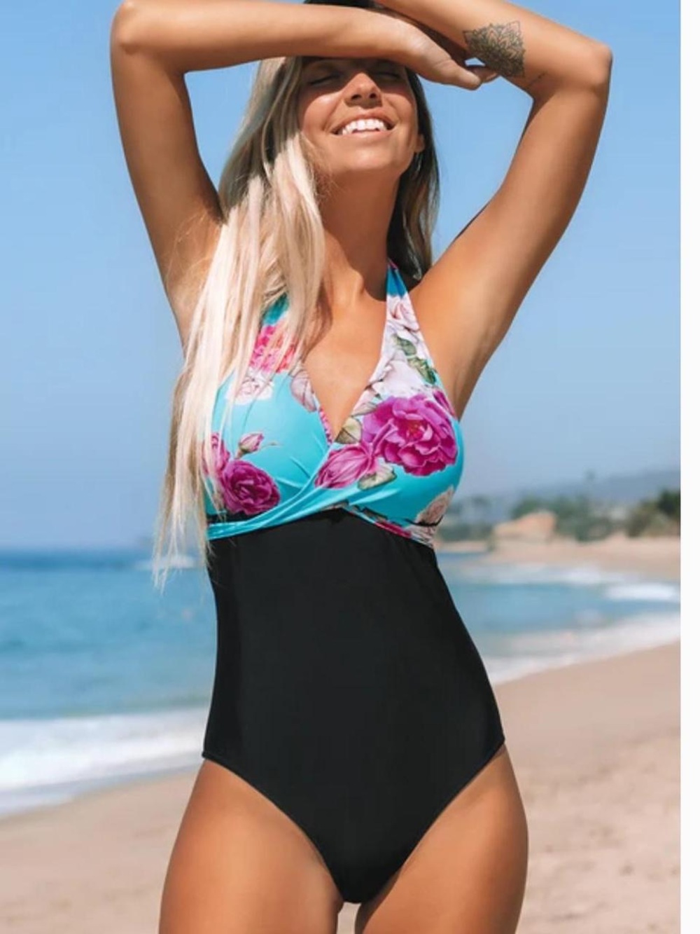Cupshe Floral Halter One-Piece Swimsuit in Turquoise and Black